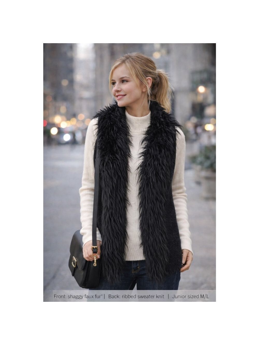 Claire's Black Faux Fur Sweater Knit Vest Junior Medium Large